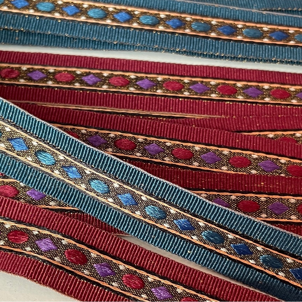 4 yds Bohemian vintage trims sateen Blue and wine color. 2 yds each vintage